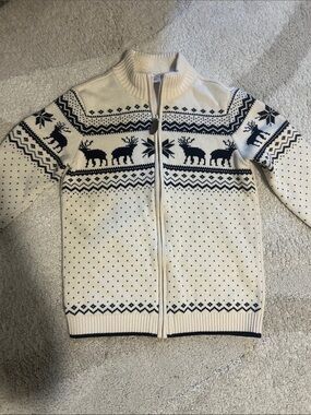 Gymboree Cream and Navy Nordic Reindeer Zip-Up Sweater